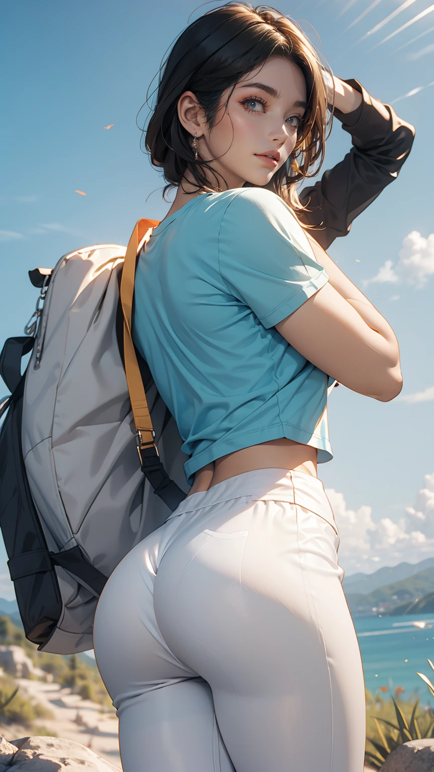 (8K, RAW photos, best quality, masterpiece:1.2), (realistic, photo-realistic:1.3)、((1 woman)), A 20-year-old Japanese woman with a beautiful face. clean and white skin, hair is gray、Eye color is dark blue, laugh, high definition face, Curly short hair, (((hiking))), (((Looking back in a sky blue short T-shirt and white leggings.))), glowing skin, photometry, (((slim body))), vivid colors, 