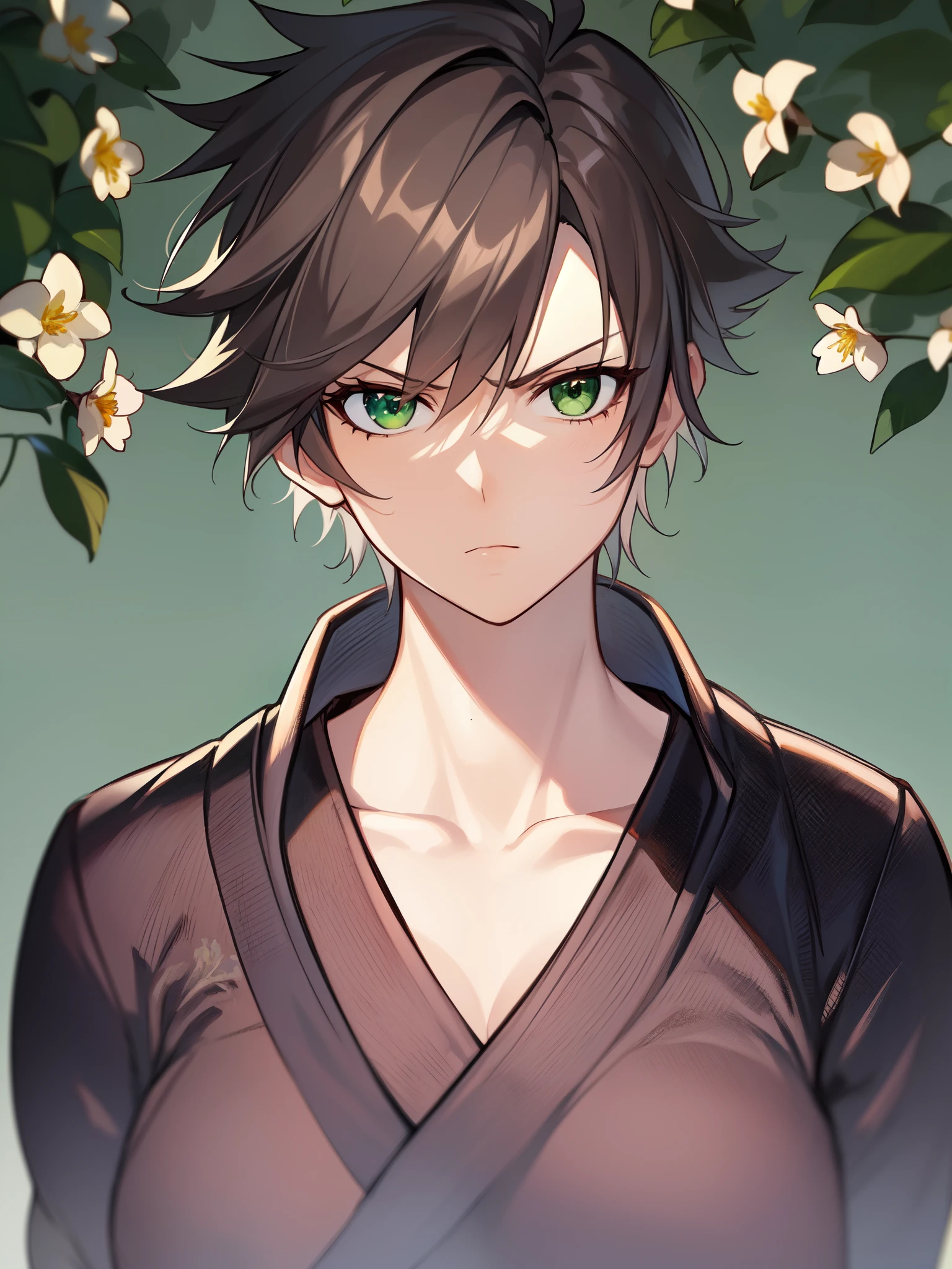 ((spiked hair)), ((tomboy)), ((short hair)), ((brown hair)), ((green eyes)), ((serious expression)), (shinobi clothing)), ((light skin)), ((flowers)), ((complementary colors)), ((mature female)), 1girl, beautifully drawn, high resolution illustration, best quality, High definition, ((detailed anime sketch)), Masterpiece, (solo), absurdres, portrait, ((upper body)), detailed background, fine detail, female focus, HDR,