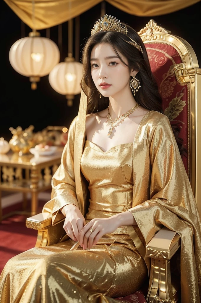 (((best quality))),(((ultra detailed))),(((masterpiece))),illustration,1 girl,solo,slim,thin,shoulder length straight bob hair,earrings,necklace,small breasts,flat chest,Asian appearance,princess,royal,Chinese palace,night scene,magnificent dragon gown,golden crown,intricate embroidery,luxurious fabric,precious stones,(sitting on the metallic throne:1.3),decorative patterns,rich decorations,luxurious furnishings,regal charm,beautiful face,gentle smile,bright eyes,historical,traditional,city lights,modernity,frozen moment,beauty of the past,evolution of time,from front,upper body,