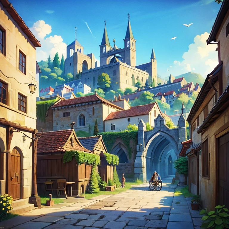 a medieval city, blue sky with clouds, warm sunlight, central fountain, wooden street stalls selling fruits and objects, church with ringing bells, children running in the streets, aroma of freshly baked bread, city wall with nearby houses, detailed architecture, lively atmosphere, photorealistic, masterpiece, 8k, ultra-detailed, realistic, vivid colors, natural lighting, medieval town, medieval fantasy, historical setting
