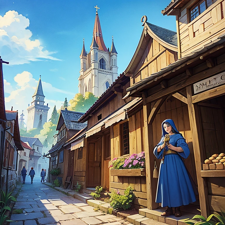 a medieval city, blue sky with clouds, warm sunlight, central fountain, wooden street stalls selling fruits and objects, church with ringing bells, children running in the streets, aroma of freshly baked bread, city wall with nearby houses, detailed architecture, lively atmosphere, photorealistic, masterpiece, 8k, ultra-detailed, realistic, vivid colors, natural lighting, medieval town, medieval fantasy, historical setting