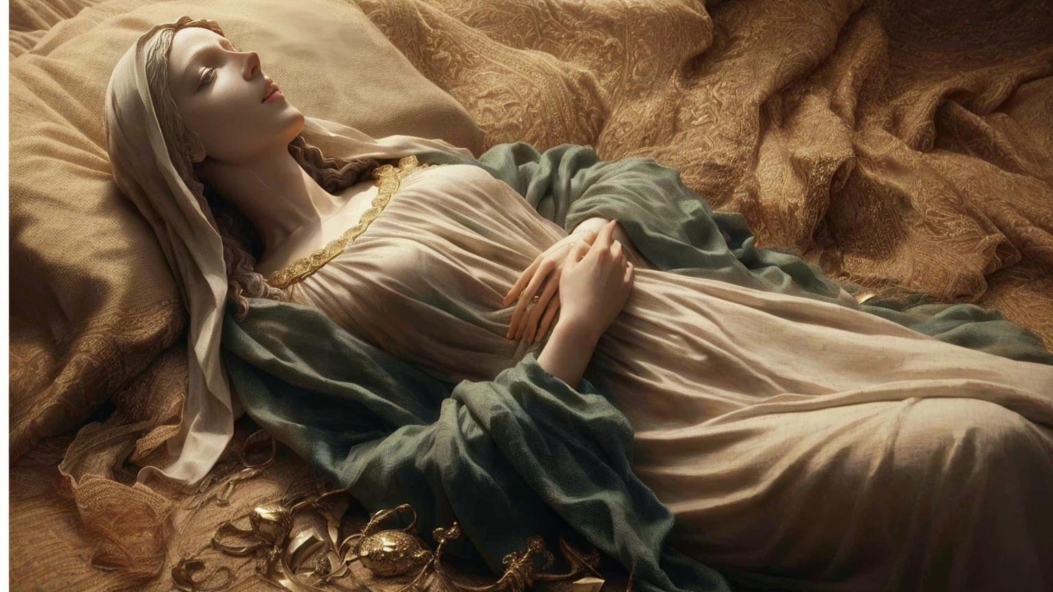 statue of a woman lying on a bed with a blanket, virgin mary, realistic Bernini sculpture 8k, by Charles Gleyre, top quality picture, italian masterpiece, Mary in a sanctuary, by Alexander Kucharsky, cg society masterpiece, grande obra-prima, hyperrealistic first work, hyperrealistic 3d sculpture, por Pierre Auguste Cot