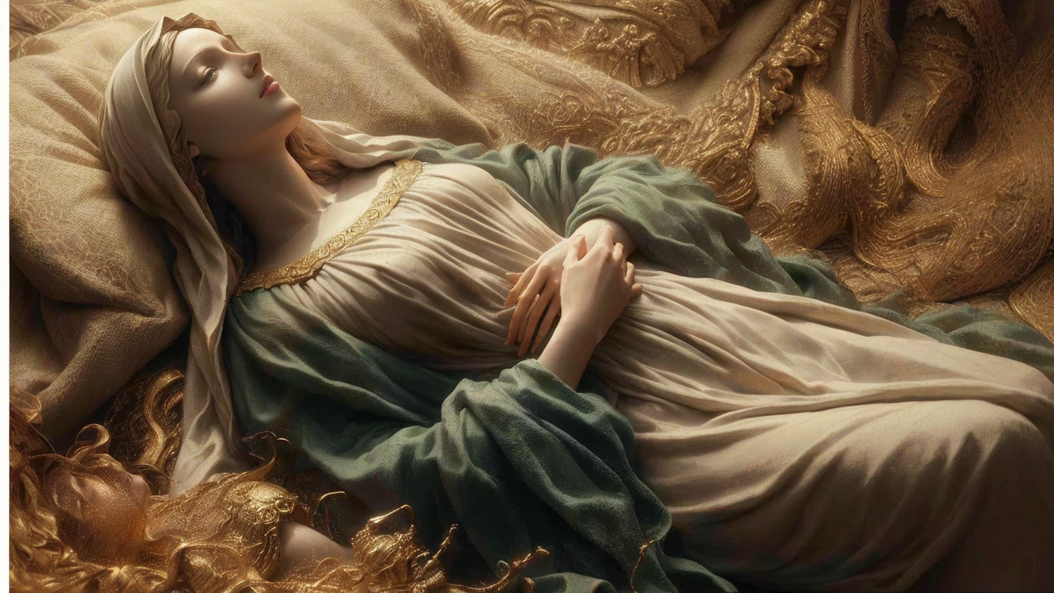 statue of a woman lying on a bed with a blanket, virgin mary, realistic Bernini sculpture 8k, by Charles Gleyre, top quality picture, italian masterpiece, Mary in a sanctuary, by Alexander Kucharsky, cg society masterpiece, grande obra-prima, hyperrealistic first work, hyperrealistic 3d sculpture, por Pierre Auguste Cot