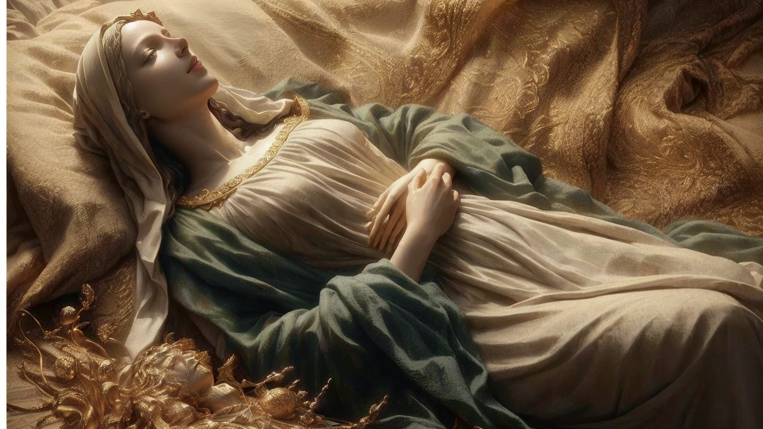 statue of a woman lying on a bed with a blanket, virgin mary, realistic Bernini sculpture 8k, by Charles Gleyre, top quality picture, italian masterpiece, Mary in a sanctuary, by Alexander Kucharsky, cg society masterpiece, grande obra-prima, hyperrealistic first work, hyperrealistic 3d sculpture, por Pierre Auguste Cot
