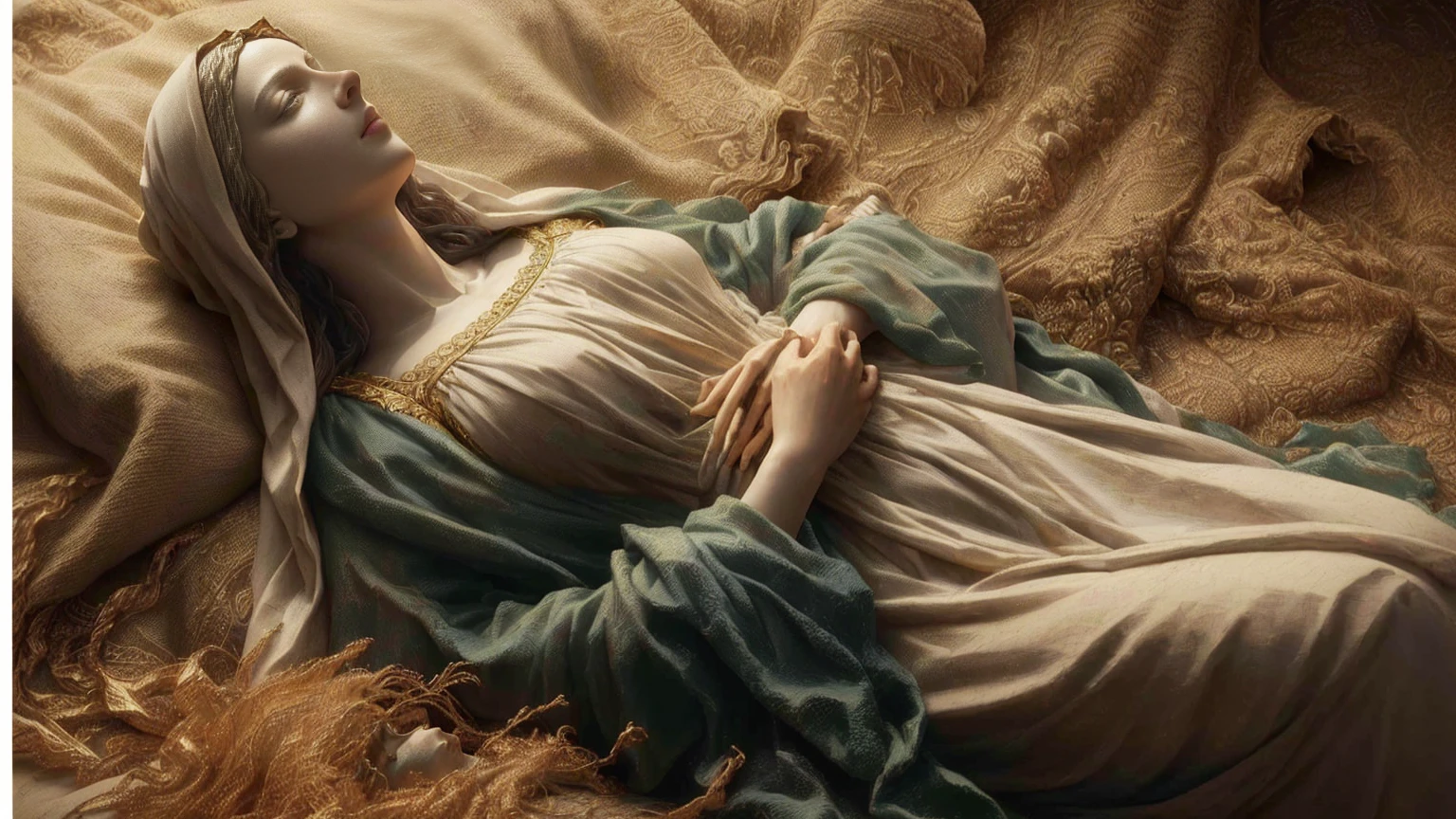 statue of a woman lying on a bed with a blanket, virgin mary, realistic Bernini sculpture 8k, by Charles Gleyre, top quality picture, italian masterpiece, Mary in a sanctuary, by Alexander Kucharsky, cg society masterpiece, grande obra-prima, hyperrealistic first work, hyperrealistic 3d sculpture, por Pierre Auguste Cot