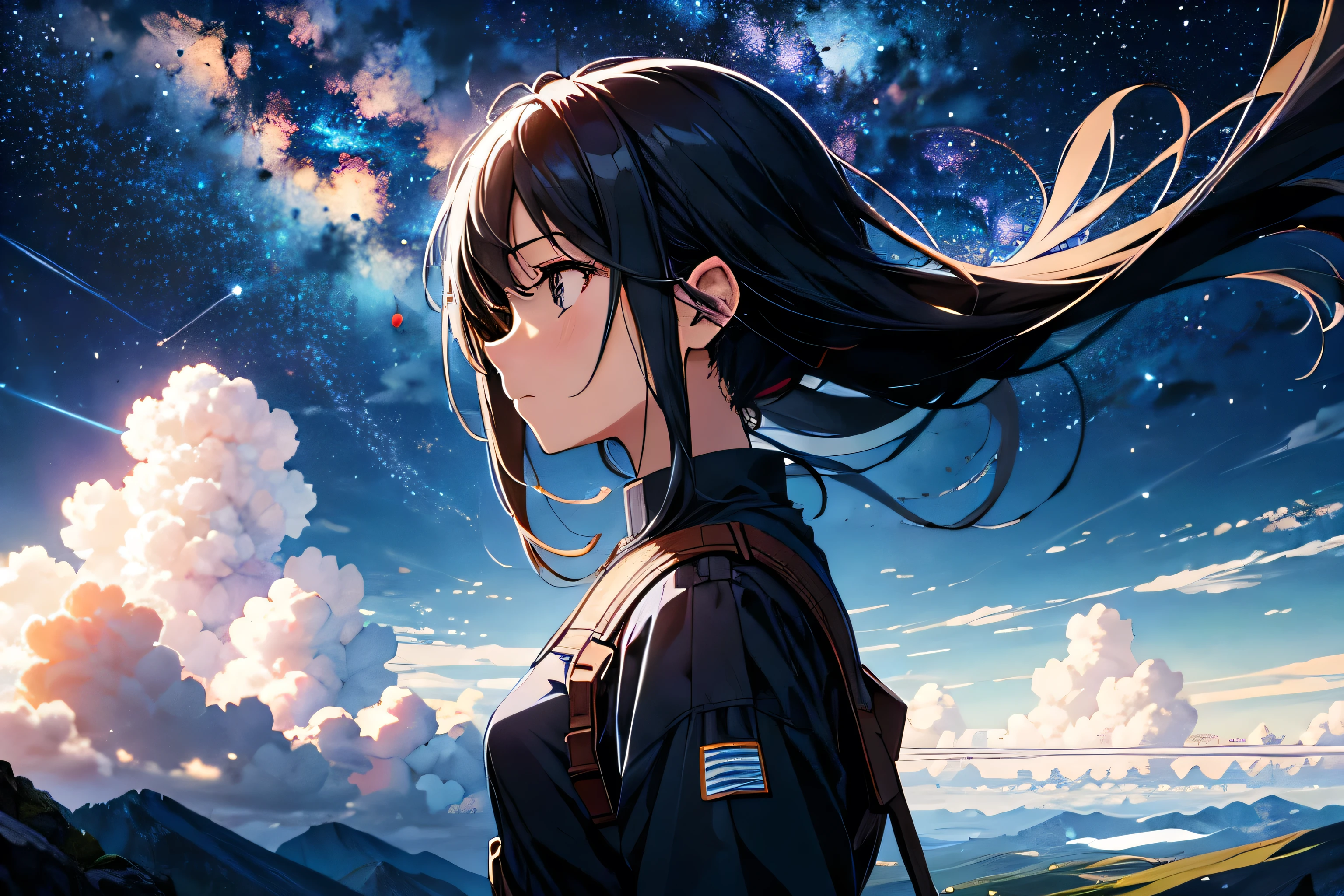 Absurd, High resolution, (Official Art, beautifully、aesthetic:1.2),One girl, person in far distance, Bright Sky, A vast world, stare, Awe-inspiring expressions, Distant Horizon, cloud, High Hill, Natural Beauty, Inspiration, Night Sky, Shining Star