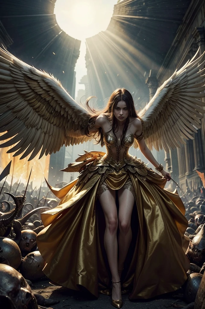 decadent and unhappy creatures, horrendous, appeared in droves, as if they were going through portals everywhere. It felt like the gates of Hell were open, and all these damned people came into our world. 
Then, then, Suddenly, I saw a golden glow like the sun, that appeared in the sky — it was a being or creature full of splendor, with colossal white wings, who wielded a sword of the same golden shine, flew like an eagle about to attack its prey. I went towards the demons, attacking, I couldn&#39;t visualize his blows, apenas observava os demônios caindo em chabet. How can one Angel alone defeat so many demons?? I&#39;m glad it had arrived for my salvation. 
The Angel approached, I saw the demons around me running away, I couldn&#39;t see your face, just a big light, bet

