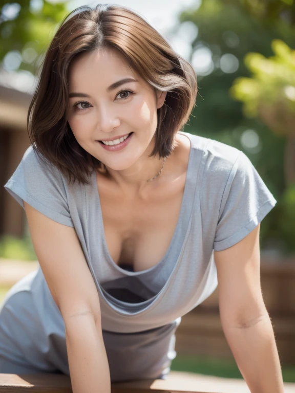 ((Highest quality, 8K, Tabletop :1.3)), Sharp focus :1.2, Beautiful mature woman, 40 years, Mature Woman, ((Loose fitting T-shirt)), Down blouse, ((Leaning forward)), (Beautiful breasts), (smile:1.15), Open your chest wide、Highly detailed face and skin texture, Fine grain, (Round face:1.4), Outdoor
