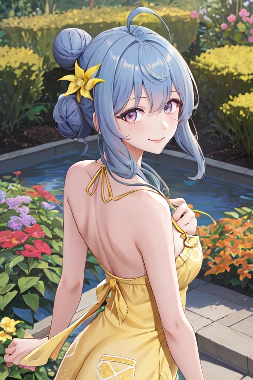 masterpiece, Highest quality, One girl, alone, Ganyutub, horn, Ahoge, hair ornaments, Hair Flowers, Neck bell, (yellow sundress:1.4), Purple eyes, From behind, Recall, View your viewers, smile, garden, Speckled sunlight, Hair Bun