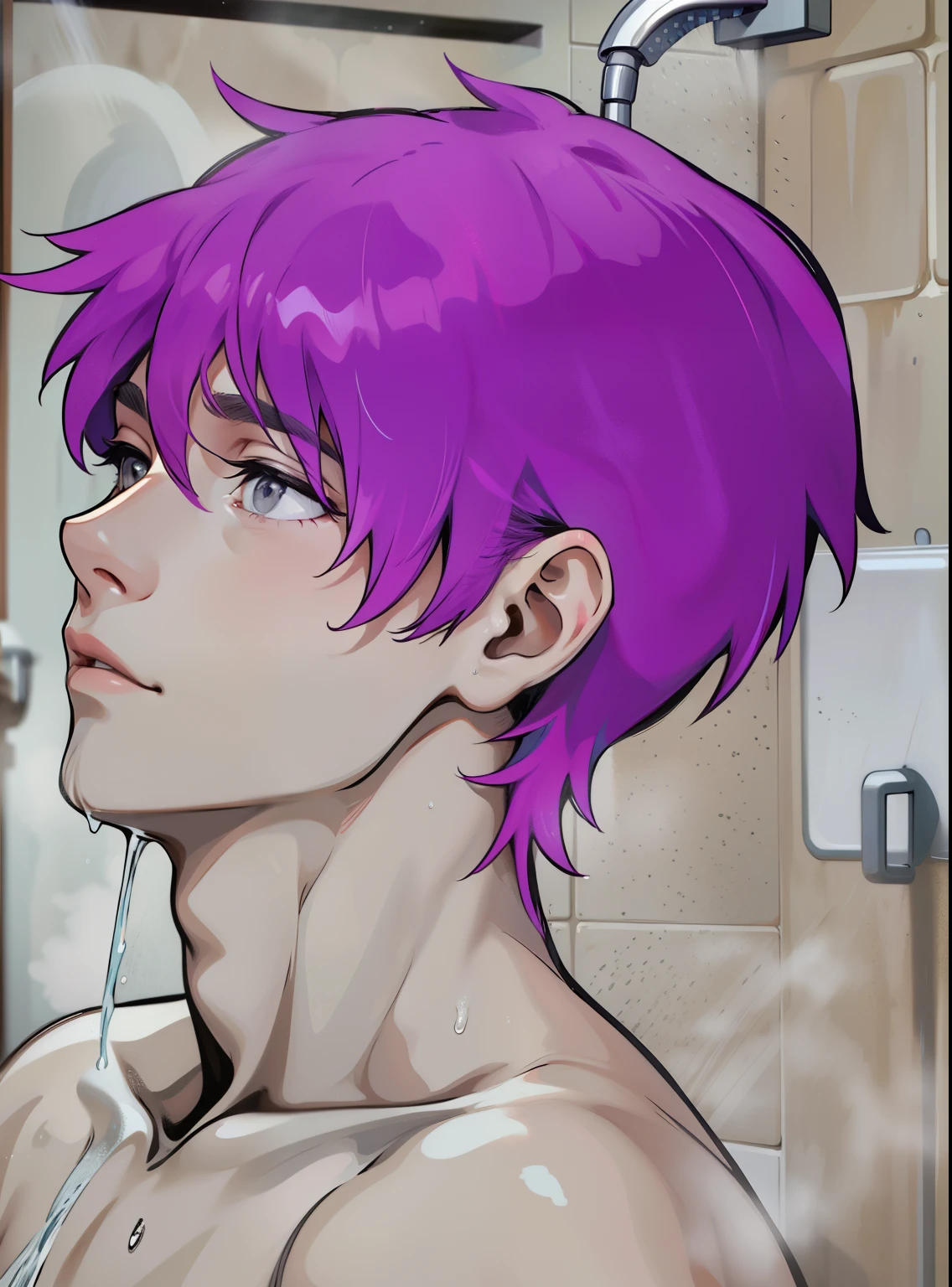 cute gray haired boy is in the shower water falls on his head