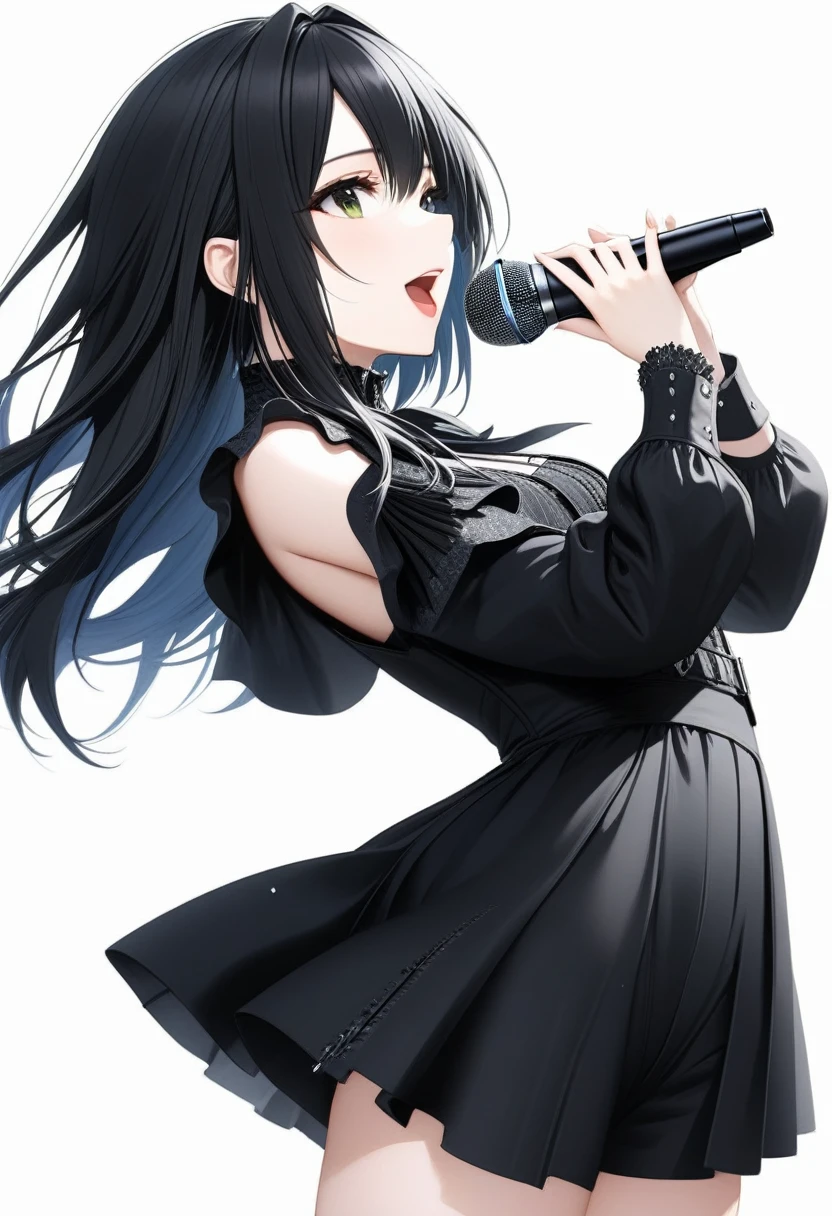 (((White background:1.2)))、(masterpiece、Ultra HD、high quality、４K)、(Scandinavian gothic metal girl holding a microphone and singing with her mouth open), (((very wide shot:1.2))),Highly detailed eyes, Detailed hand and fingers、Long black hair、Black Gothic Dress、Stylish outfit,Shorts、Dynamic pose、Dynamic、(profile)、（Grab the microphone）、smile,