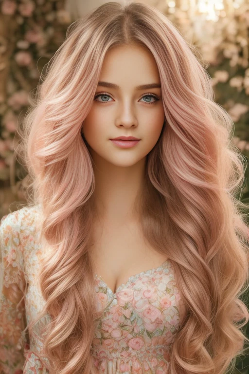 a girly girl, cute girl, 1girl, beautiful detailed eyes, beautiful detailed lips, extremely detailed eyes and face, long eyelashes, long flowing hair, adorable, pink dress, floral patterns, petals, fairy tale, fantasy, ethereal, glowing, golden hour lighting, soft lighting, pastel color palette, dreamy, whimsical, elegant, highly detailed, masterpiece, photorealistic