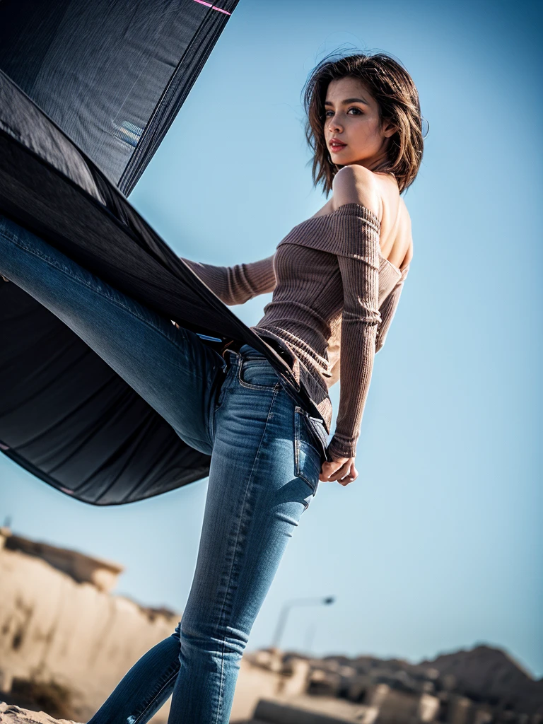 
stunning cinematic photo MaddyMayQuiron woman,, realist,  A woman kitesurfing in an off-the-shoulder top and skinny jeans.: Skinny pants that hug the legs and taper at the ankles.., . 35mm photography, Movie, bokeh, professional, 4k, Very detailed . awarded, professional, Very detailed