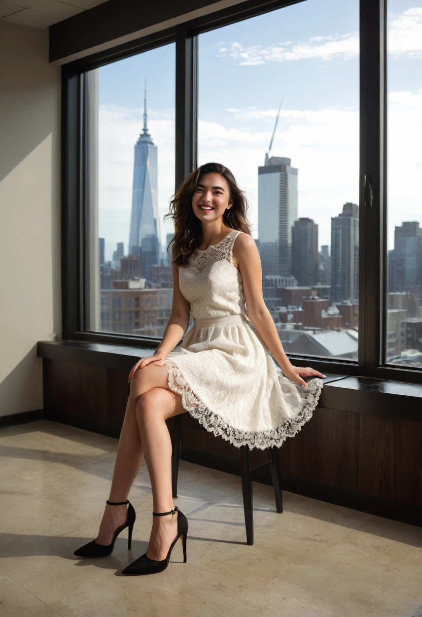 A woman is seated comfortably on a wooden bench inside a room with large windows showcasing a distant cityscape. She is angled slightly to her left and looks directly at the camera with a warm smile. Her legs are crossed at the knee, with her left leg on top, and her hands rest softly on her knee. Her white dress has a lace top and a textured skirt. Wavy hair falls over her right shoulder, black stiletto heels with ankle straps. Natural lighting from the window illuminating her and the room."