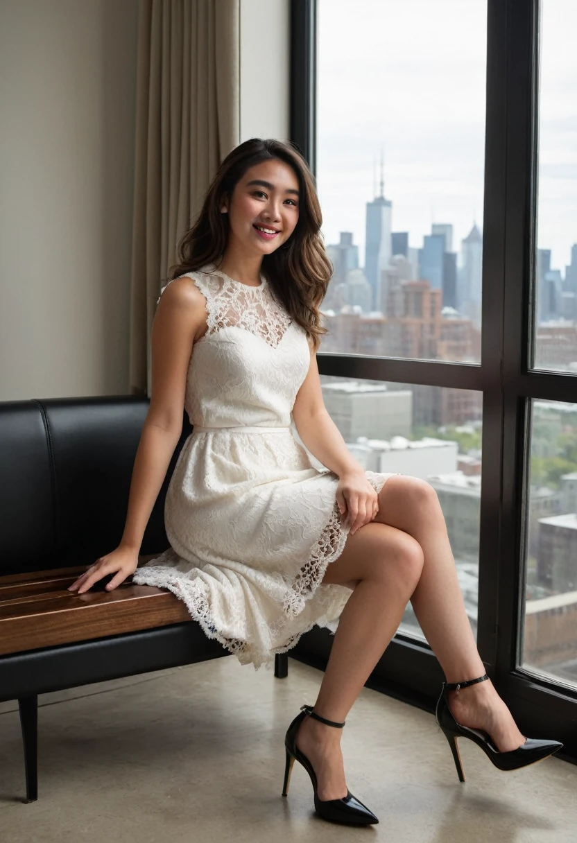 A woman is seated comfortably on a wooden bench inside a room with large windows showcasing a distant cityscape. She is angled slightly to her left and looks directly at the camera with a warm smile. Her legs are crossed at the knee, with her left leg on top, and her hands rest softly on her knee. Her white dress has a lace top and a textured skirt. Wavy hair falls over her right shoulder, black stiletto heels with ankle straps. Natural lighting from the window illuminating her and the room."