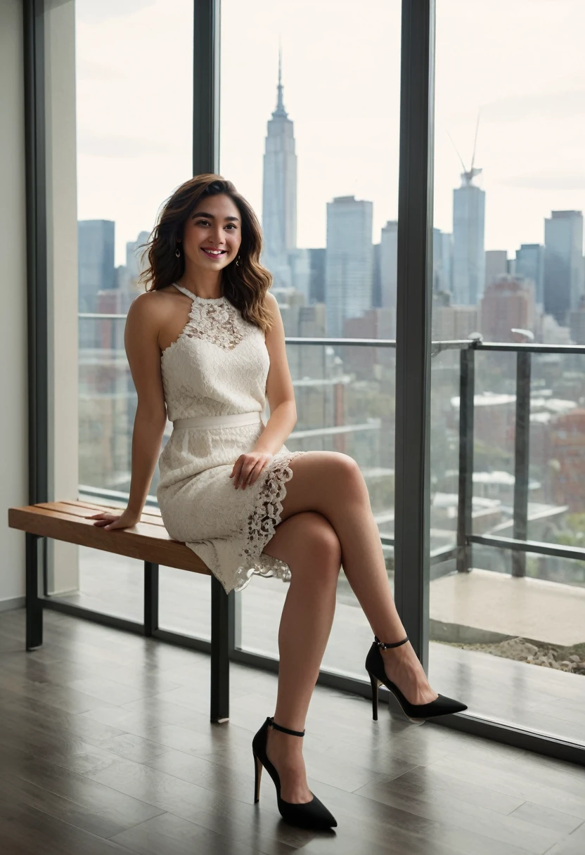A woman is seated comfortably on a wooden bench inside a room with large windows showcasing a distant cityscape. She is angled slightly to her left and looks directly at the camera with a warm smile. Her legs are crossed at the knee, with her left leg on top, and her hands rest softly on her knee. Her white dress has a lace top and a textured skirt. Wavy hair falls over her right shoulder, black stiletto heels with ankle straps. Natural lighting from the window illuminating her and the room."