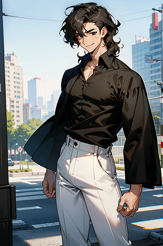 1male , Muscular , Wavy Hair , Low Cut Hair , Black Eyes , Smiling Expression , Black Baggy Shirt with a martial symbol on the shirt , Baggy white pants , Modern City Background , Standing on sidewalk