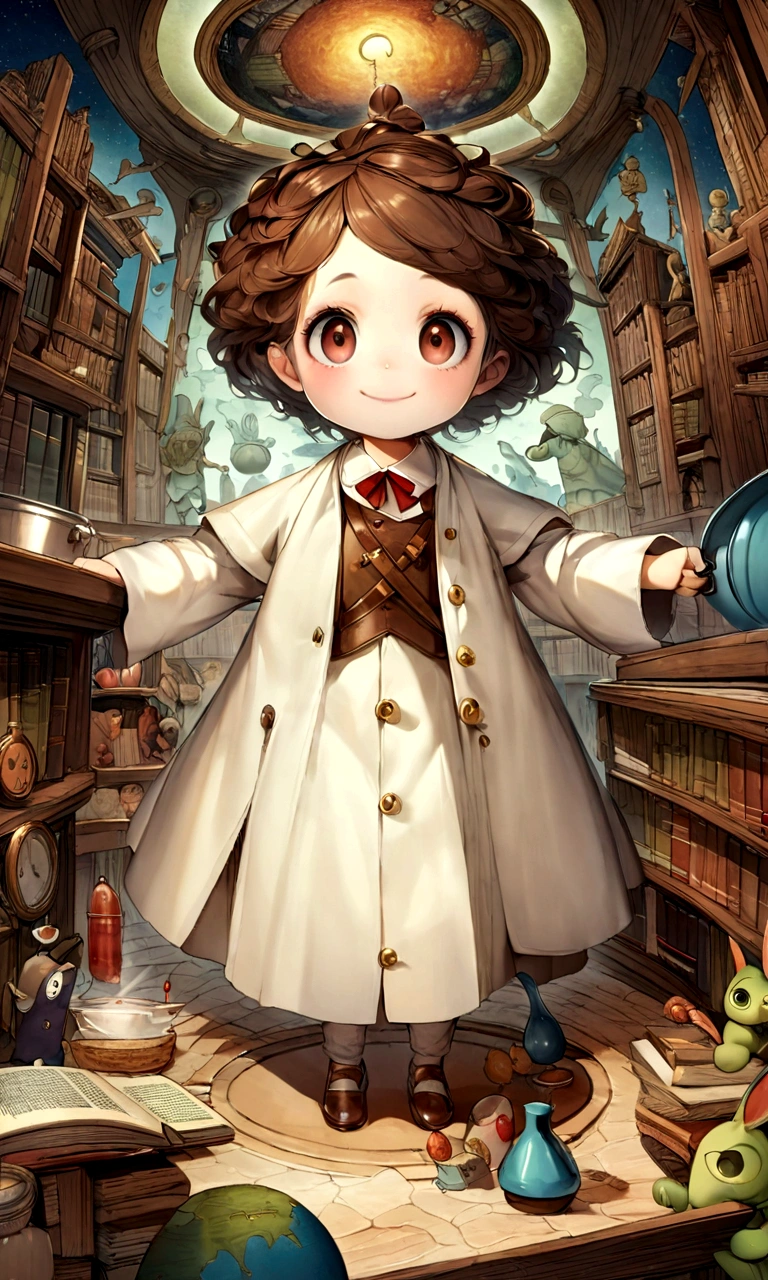 "Digital Art、Ultra HD、Surreal、Cooking thickness、4K、5Year-old child、A historian wearing a white coat、5 year old、Surreal、Library、Brown Hair、smile"