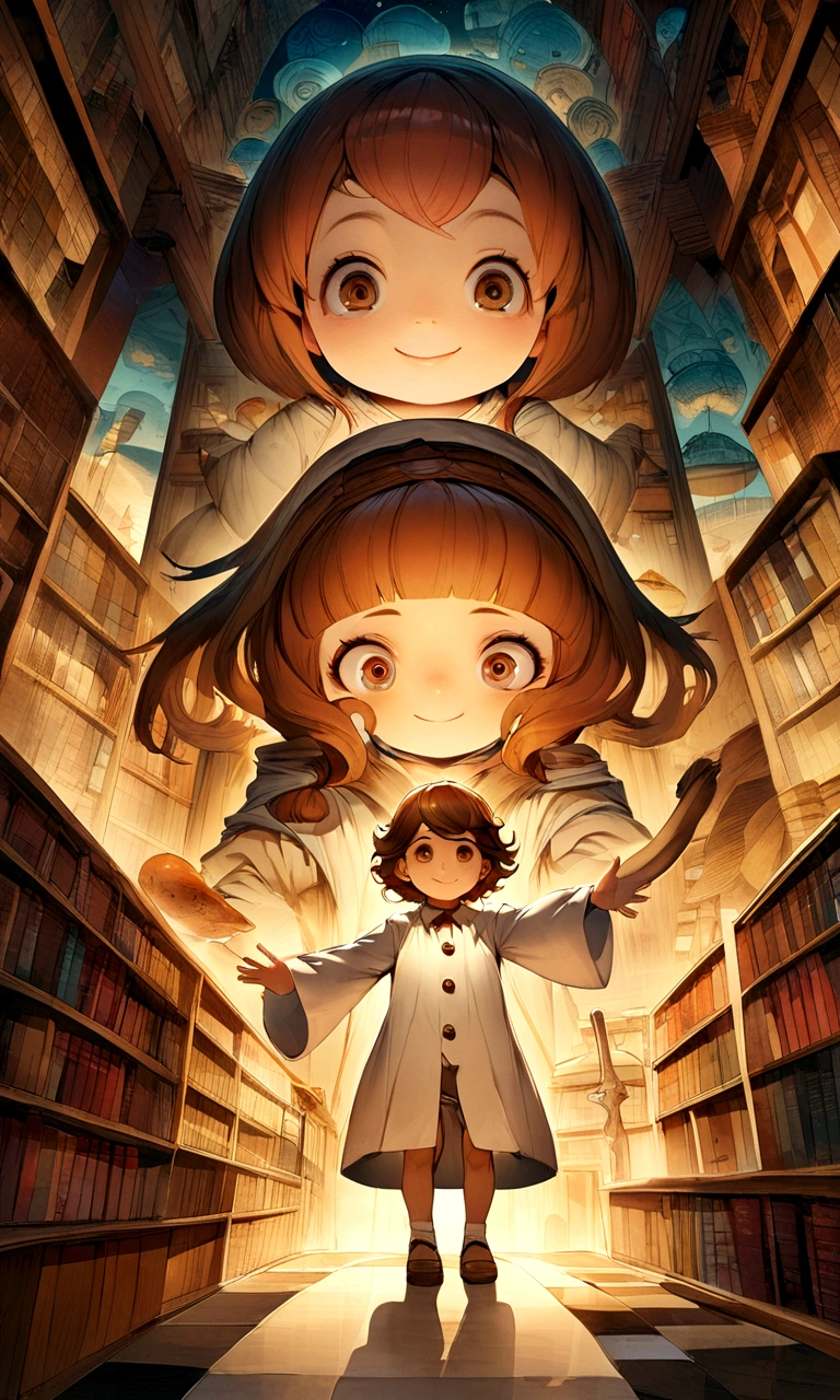 "Digital Art、Ultra HD、Surreal、Cooking thickness、4K、5Year-old child、A historian wearing a white coat、5 year old、Surreal、Library、Brown Hair、smile"