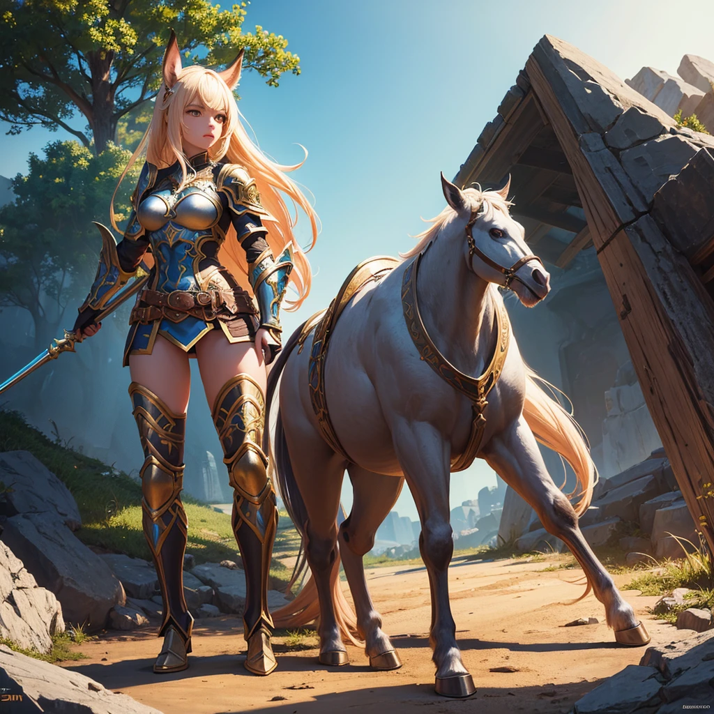 cute girl centaur,fantasy,highly detailed,armor,shield,mace,dynamic pose,cinematic lighting,vibrant colors,intricate details,digital painting,concept art style,unreal engine,hyper realistic,8k,best quality