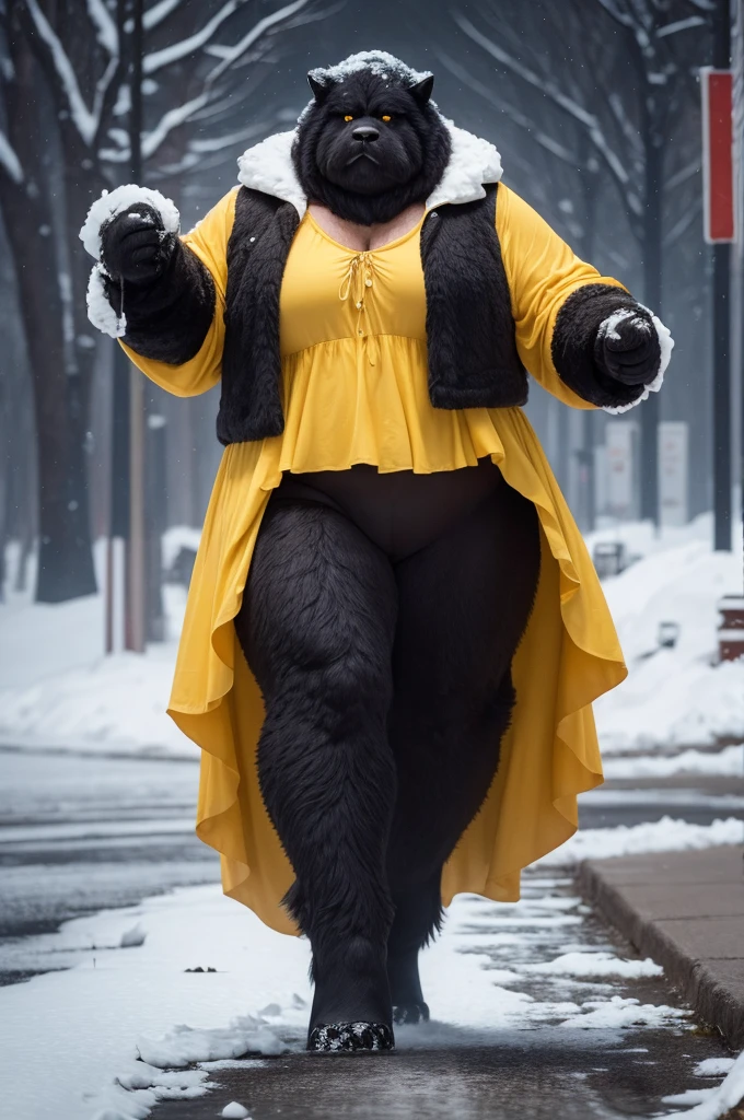 Large corpulent folk creature with large thick dark fur walking lost in a blizzard with a  in a yellow dress