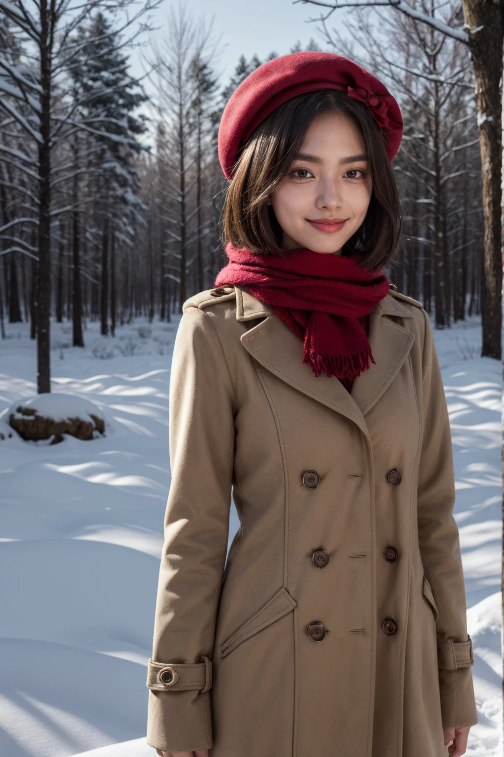 masterpiece, best quality, highres, aalamb, short hair, hair bow, red bow, beret, pink headwear, red eyes, winter clothes, scarf, snow, coat, upper body, smirk, forest