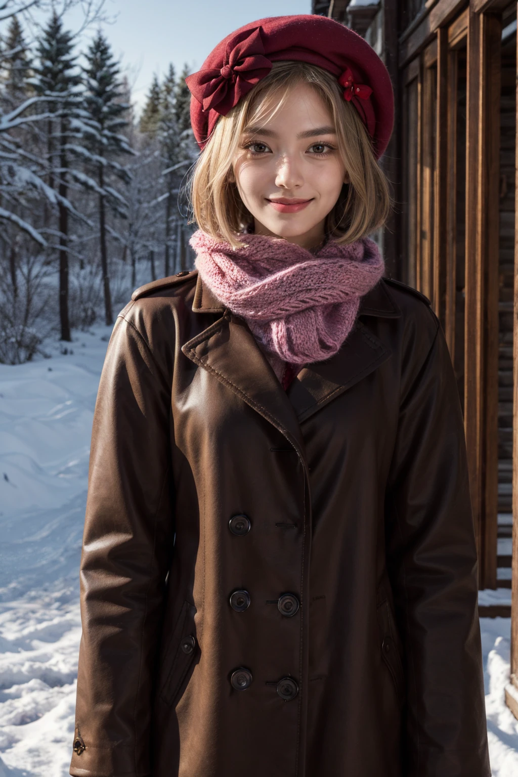 masterpiece, best quality, highres, aalamb, short hair, hair bow, red bow, beret, pink headwear, red eyes, winter clothes, scarf, snow, coat, upper body, smirk, forest