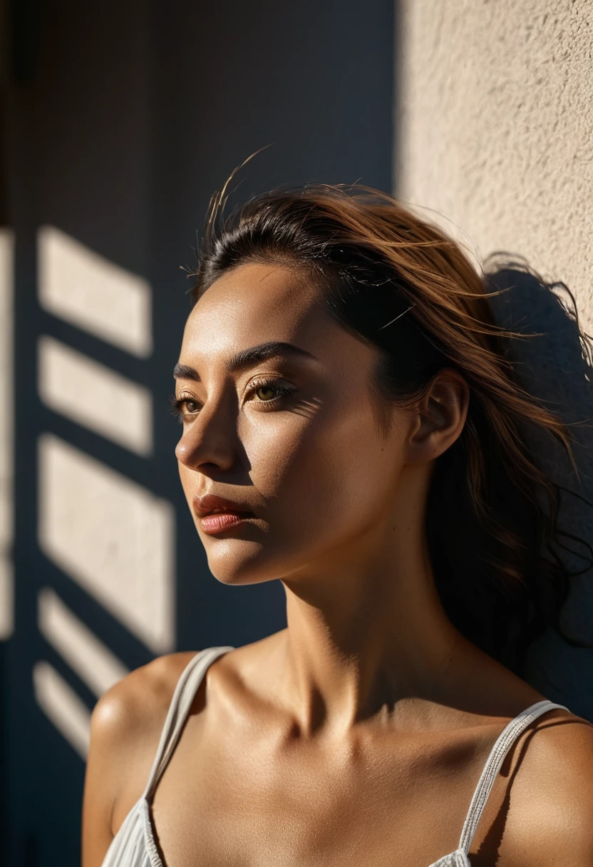 high-resolution photograph, woman, stunning use of shadows, in the syle of crisp lines and forms,  UHD, shot on a Sony A7III --ar 1:2 --style raw --stylize 250