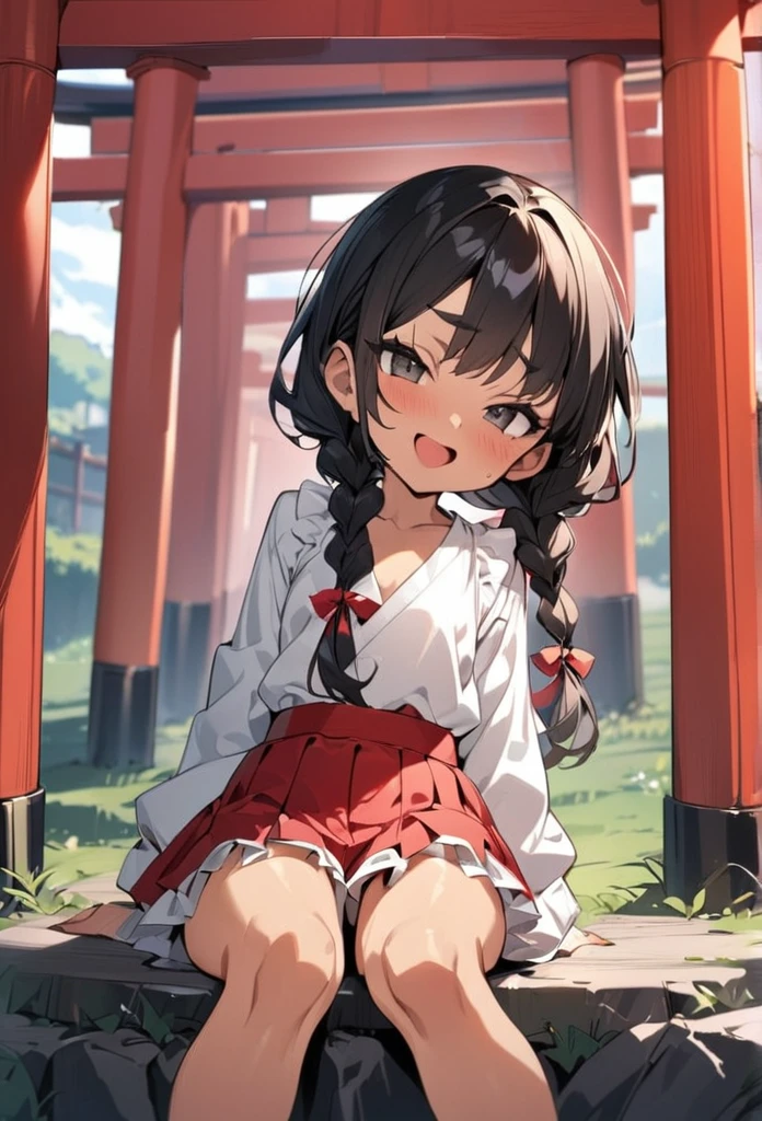 (anime style),masterpiece, best quality, extremely detailed,tanned skin Children,dark skin Beautiful body,BREAK,multicolored colorful hair,short hair,twin braids,BREAK,black eyes,happy smile,shy,eyebrow,smug,open mouth,eyes widen,sensual face,smile face,detailed lips,False eyelashes,BREAK,sitting back,cotton red big ribbon,BREAK, hakama,frilled clothing microskirt,break,head tilt,in the torii