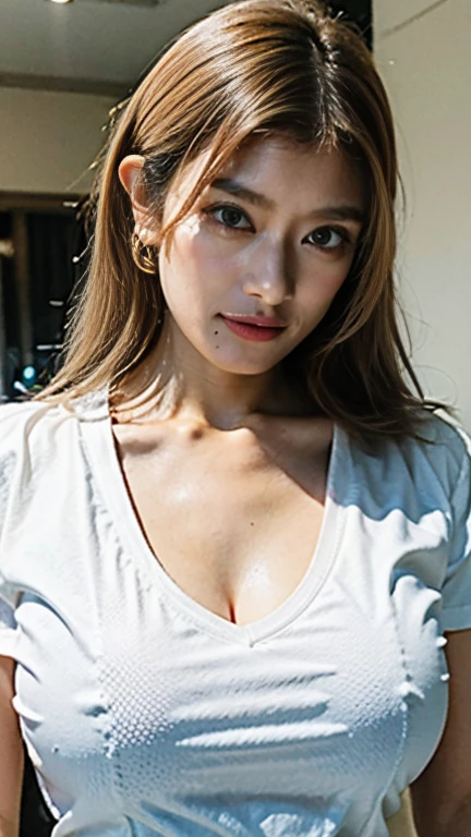 White T-shirt Big Breasts Breast bulge visible from the top of clothes