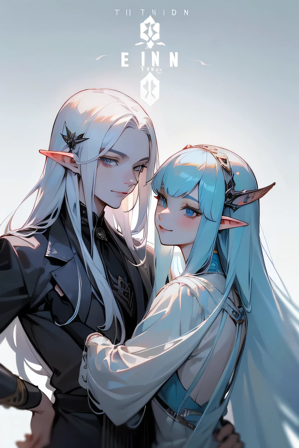 Fraternal twins, 20s age, young adult, different gender, elven twins, exotic hair ornament, long white hair, blue high detailed thin eyes, white skin, stunning anime face portrait, looking to nothing, smile playfully, manly man, feminine woman, mischievous, grayard grey background, high detailed shadow, two people