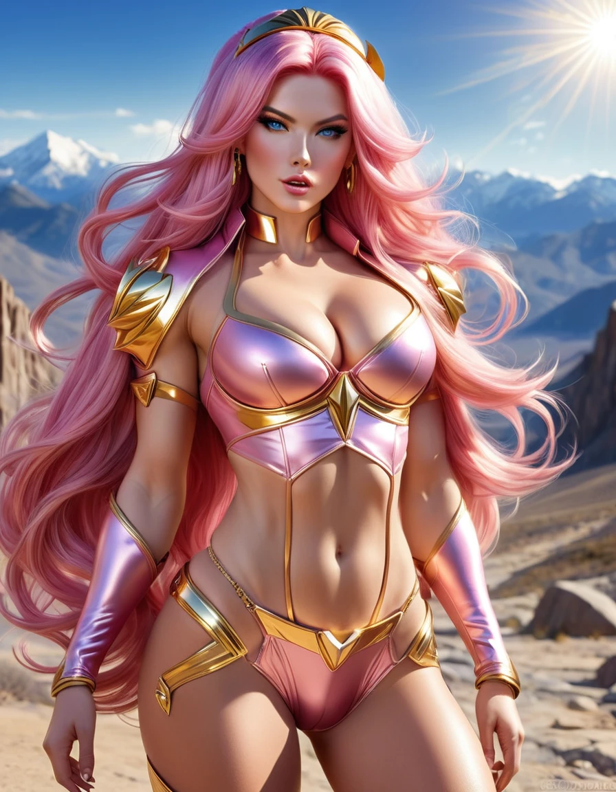 BEAUTIFUL PINK HAIR BOMBSHELL FEMALE GODDESS, TOO HUGE LONG HAIR, TOO VOLUMOUS HAIR, WIND EFFECT, LIGHT GRAY EYES, FACE MAKEUP, PALE SKYN, ROSY CHEEKS, MENTAL FORAMEN, TRIANGULAR FACE, ANGRY FACE EXPRESSION, STRAPLESS CLEAVAGE, BLUE PINK LEATHER BODYSUIT, GOLDEN DETAILS, GOLD HEADBAND, GOLD GAUNTLETS, LONG GOLDEN GAUNTLETS, GOLD CHOKE COLLAR, GOLD SANDALS, STRONG ATHLETIC BODY, MUSCLES, ARMS, DETAILED DELTOIDS, THICK GORGEOUS THIGHS, DETAILED QUADRICEPS, ABDOMEN, DEEP DESERT, ROCKY MOUNTAINS, SUN, BACKLIGHTS, MASTERPIECE, ACCURATE IMAGE