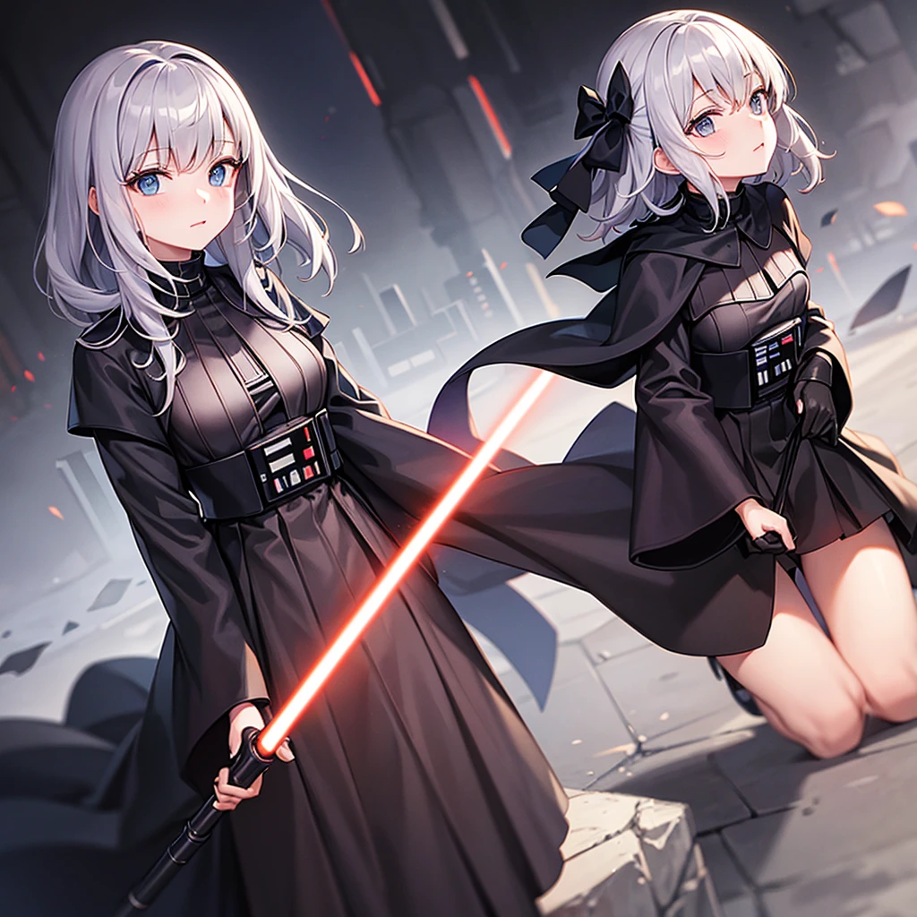 (Black and white Anime Line Art) (extreme complexity, two subjects unique and individual) (subject 1:A sexy Sith Warlord (alien, big breasts, no hair many small horns instead, demon eyes, many fierce and evil tattoos, small fighting costume, looks unhinged, wielding a evil light saber)) is dueling with a (subject 2: Japanese Jedi woman (big butt, small breasts, sailor school outfit with scifi gadgets, short hair, big eyes, calm and composed, masterfully deflecting the Sith attacker with her good light saber)), set in a sci-fi high technology building
