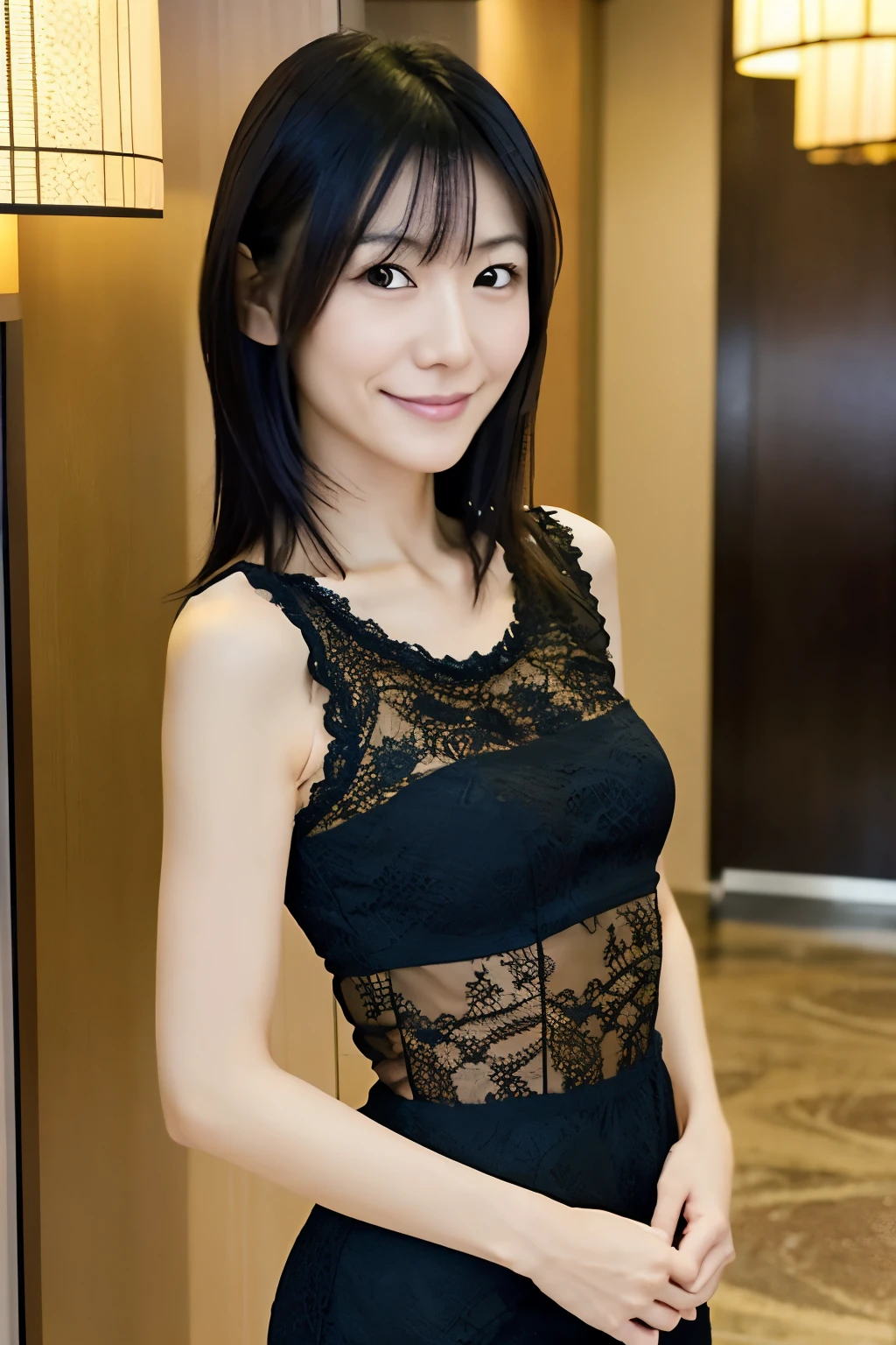 A skinny Japanese woman, {30|40} years old, 1girl, cute face, slight smile, ((detailed face, detailed eyes)), black {short|long} hair, medium breasts, very thin waist, correct human body structure, See-through lace mini dress, standing in a hotel lobby, (full body photo),