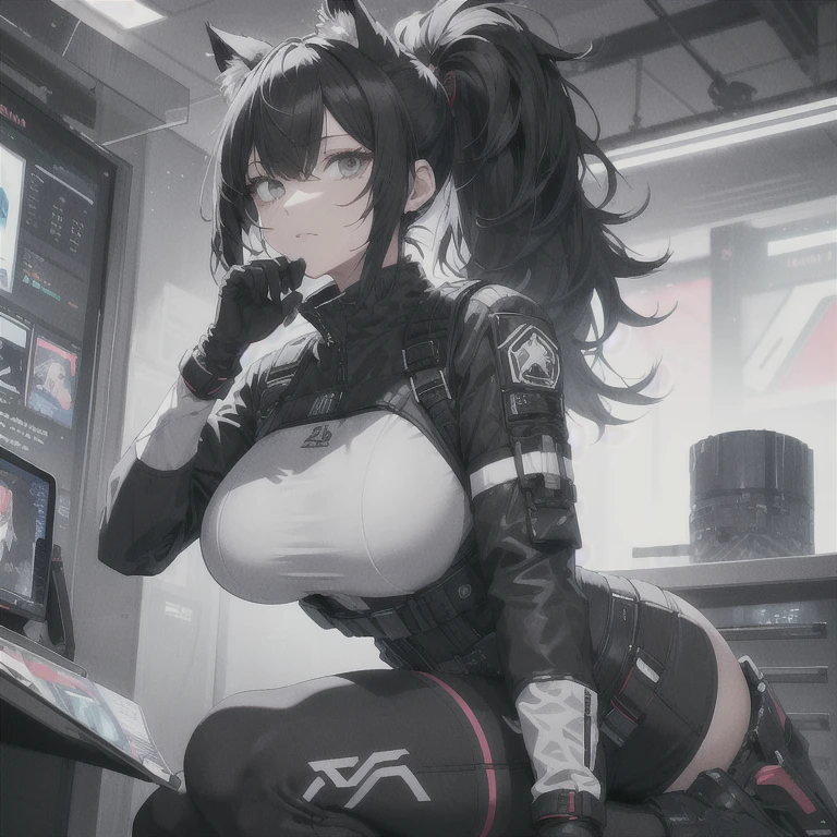 Absurd resolution, high resolution, (masterpiece: 1.4), hyper-detail, solo, 1 kemono feline cat woman, black hair, cute face, detailed soft grey eyes, extremely large bust, huge breasts, wide full hips, narrower torso, smaller torso, full thicc soft thighs, rounded full soft butt, fullbody covering pilot utility suit, padded high collar techwear jacket, fitted utility pants, near future scifi, cyberpunk asethetic, anime aesthetic