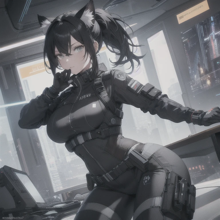Absurd resolution, high resolution, (masterpiece: 1.4), hyper-detail, fullbody image, solo, 1 kemono feline cat woman, black hair, messy ponytail, cute face, detailed soft grey eyes, extremely large bust, huge hyper super breasts, wide full hips, narrower torso, smaller torso, full thicc soft thighs, rounded full soft butt, fullbody covering protective padding pilot utility suit, scifi padded high collar techwear jacket with triangular decals and techwear iconography, white accentuation and color pallet on bust and chest region, underbust utility strap, techwear gloves, wrist mounted display scifi tablet/communication device/computer, rugged tablet display mounted on MOLLE strap on top of her bust, fitted utility pants, near future scifi, cyberpunk aesthetic, anime aesthetic