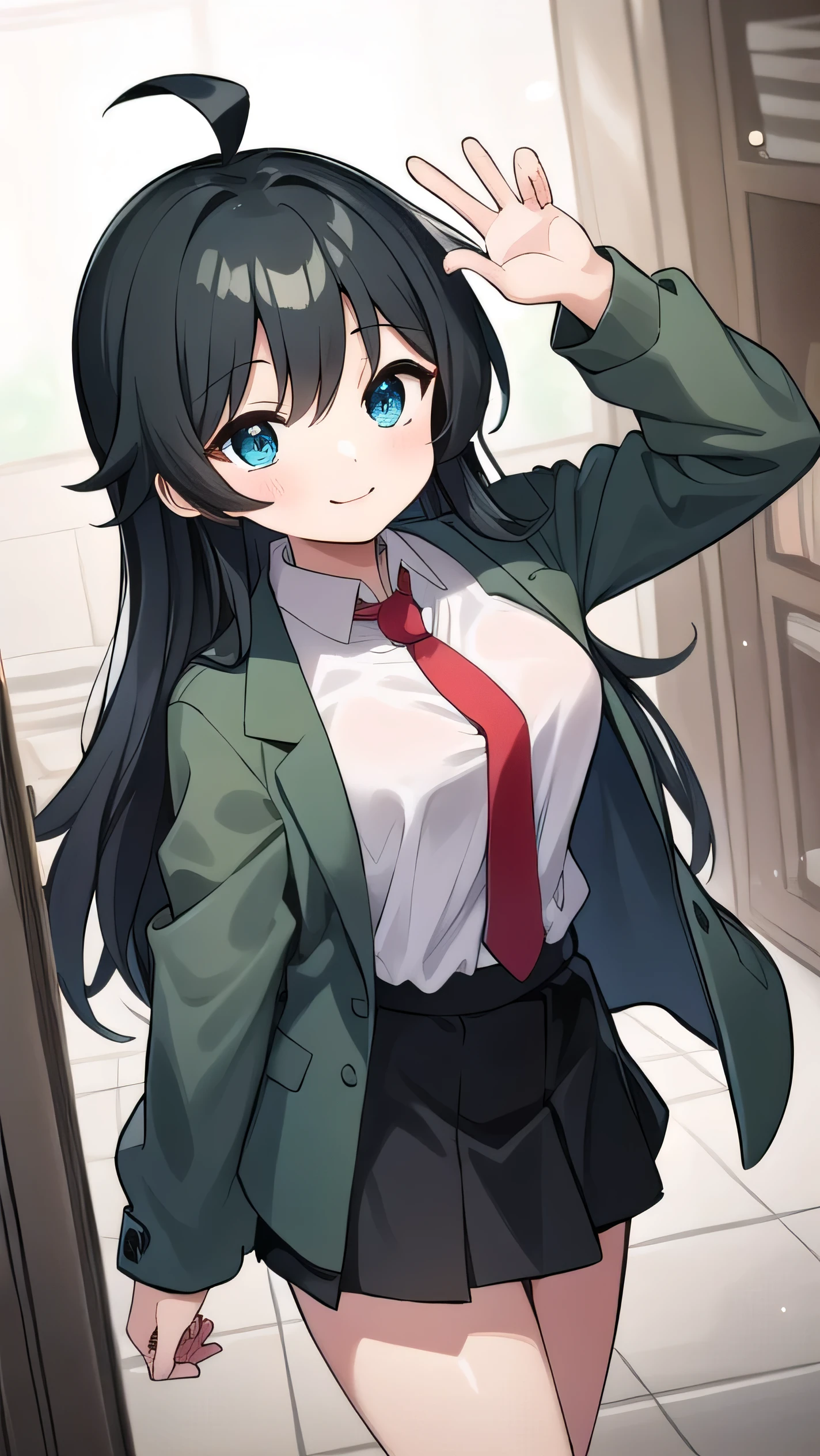 Junior high school student who looks like an elementary school student, 10 years old, very short, 140 cm tall, black hair with a slight green tinge, short ahoge, beautiful long hair but with a little hair sticking out, beautiful round eyes, blue eyes, smile, boyish, long sleeves, Thick clothes, skirt, big breasts, hair longer than waist, long hair, childish face, gentle smile, a little shy, black skirt, black hair with a slight green tinge, boyish, gentle smile, jacket one size larger, ( Deep greenish black hair: 1.3), dark green jacket, white shirt, (red tie:1.5), black skirt
