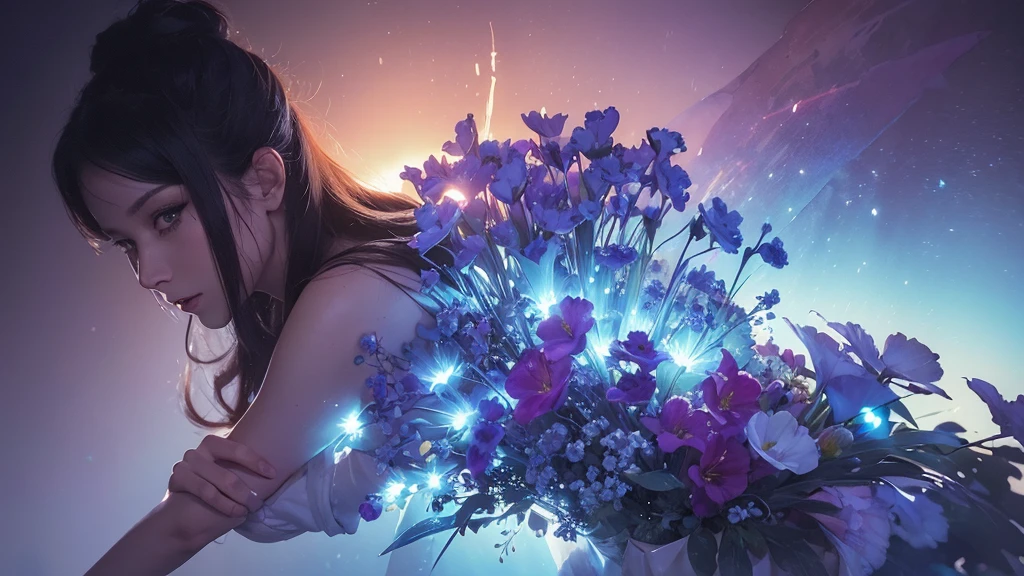 32k, Masterpiece, Highest quality, One girl, Detailed eyes, flower,gladiolus, Light blue and purple style,A dreamy, romantic piece,Pale red, Mysterious Leaves,A playful arrangement,Fantasy,High Contrast,Ink strokes,explosion,Exposure, Impression of light blue and purple tones,Abstract,((Watercolours by John Berkey and Jeremy Mann )) Brush strokes,Negative Space, Tyndall effect,