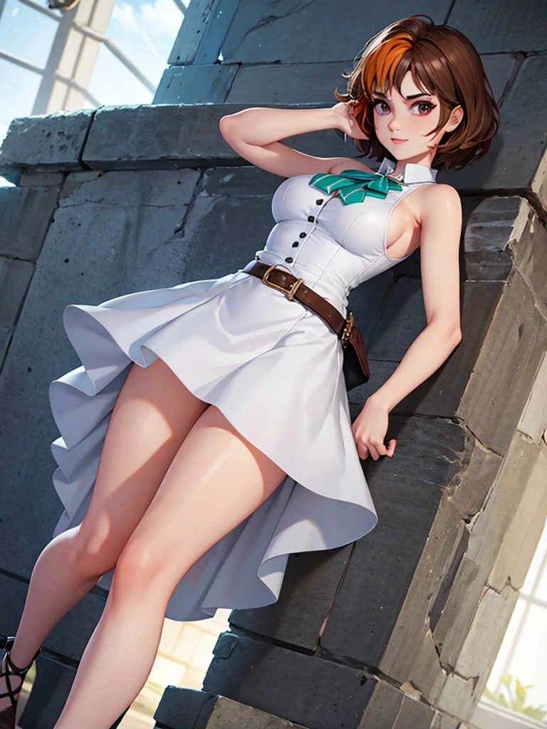 wearing a white dress and a denim vest,  merula, full body, thighs, solo girl, medium tits