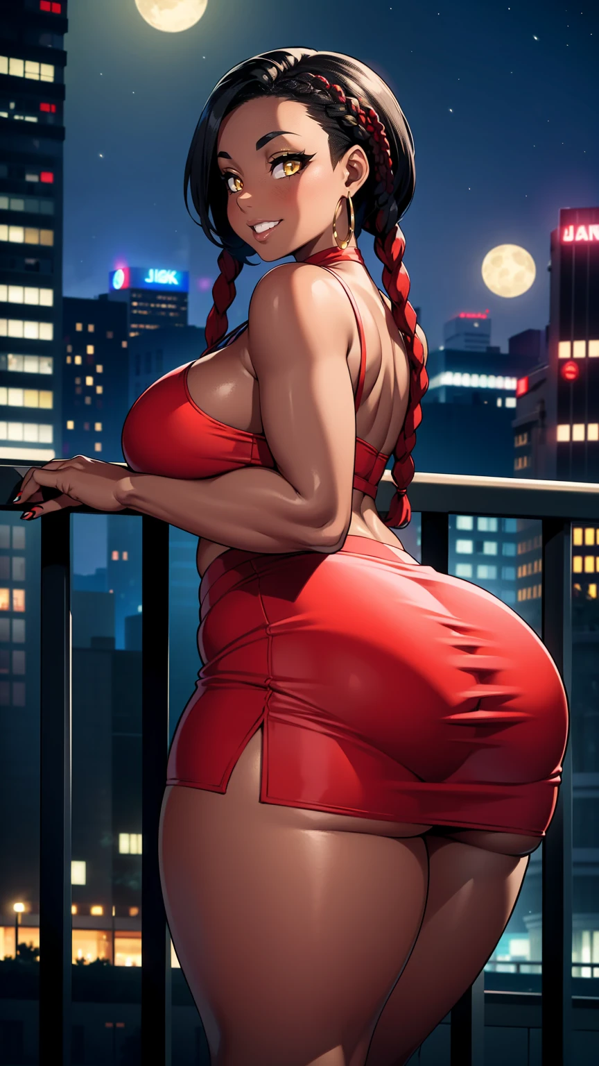 4K Quality, sexy smile, black woman, cute eyebrows, over the shoulder pose, (black and red skirt), (black and red Jordans), standing up, (black and red braids), ((dark skinned)), thick thighs, big breasted, big ass, looking at viewer, red eyes, night time, city background, 