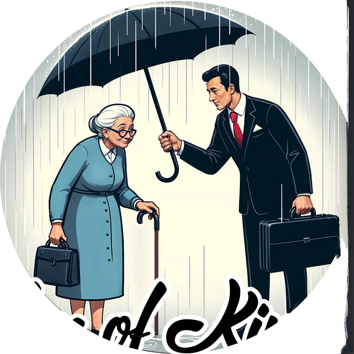 cartoon of a man and woman standing under an umbrella in the rain, when kindness falls like rain, knees tucked in | rain falls, stock art, by Jeka Kemp, rain is falling, norman rockwell style, stylized digital illustration, thomas kinkade and tristan eaton, humorous illustration, by Károly Lotz, retro art, political art, viral image