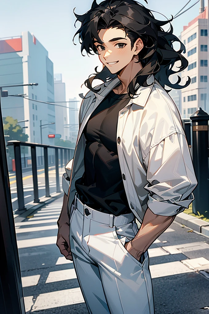 1male , Muscular , Wavy Hair , Low Cut Hair , Black Eyes , Smiling Expression , Black Baggy Shirt with a martial symbol on the shirt , Baggy white pants , Modern City Background , Standing on sidewalk , Young Male