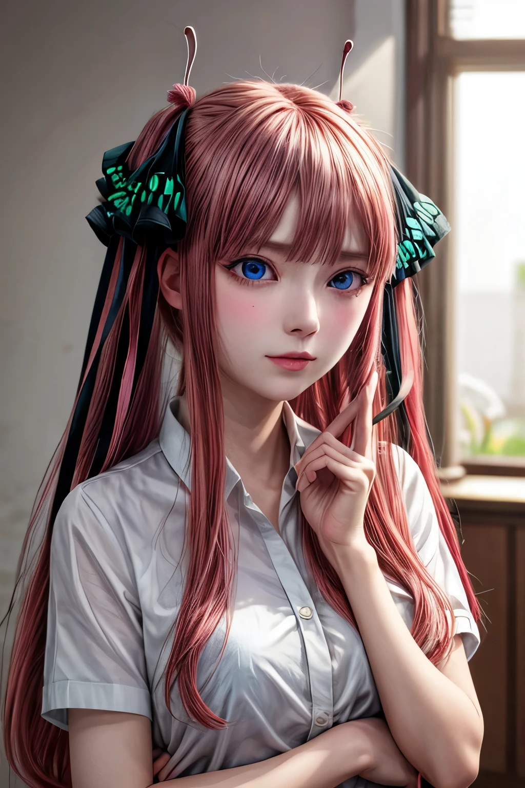 Highest quality, masterpiece, High resolution, 一人in, {Nakano_nino_gotoubunnohanayome:1.15}, 前hair, pink_hair, dull_前hair, hair_ornament, butterfly_hair_ornament, ribbon, black_ribbon, green_eye, blush, hair_ribbon, Twin tails, length_hair, One girl, shirt, white_shirt, Looking_in_Audience