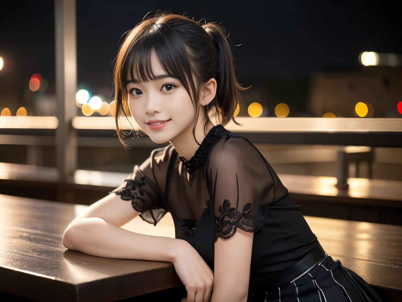 (Highest quality, masterpiece, Ultra-high resolution, 8K, RAW Photos, Realistic, Anatomically correct:1.5), high school girl、20-year-old girl:1.2, Embarrassing, avert your eyes, blush:1.0, View Viewer, ((bar)) 、Night view、 Light:1.2, Bokeh, Cinema Lighting:1.0, Depth of written boundary, sharp、 Cute face、Idol、Black short sleeve lace top、Black pleated skirt、Black clothing、”dwarf”、(Floral clothes)、Full Body Shot、Cowboy Shot、(( smile))、(Ultra short hair)、( Very Short Hair)、(Straight bangs)、((One woman))、