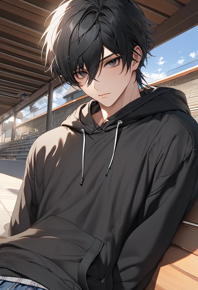 A highschool boy, handsome, perfect body, black hair, short hair, mullet black eyes, expressionless, black hoodie, anime, first-person view, masterpiece, anatomically correct, high details, highres, best quality, super detail, 1080P