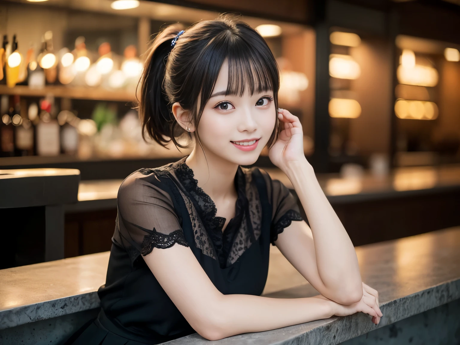 (Highest quality, masterpiece, Ultra-high resolution, 8K, RAW Photos, Realistic, Anatomically correct:1.5), (Stainless steel round bar fence:1.0, Put your elbow on the fence:1.2, 20-year-old girl:1.2, Embarrassing, avert your eyes, blush:1.0, View Viewer, ((bar)) 、Night view、 Light:1.2, Bokeh, Cinema Lighting:1.0, Depth of written boundary, sharp、 Cute face、Idol、Black short sleeve lace top、Black pleated skirt、Black clothing、”dwarf”、(Floral clothes)、Full Body Shot、Side angle、Cowboy Shot、 smile、(Ultra short hair、Short ponytail)、(Straight bangs)、((See-through))、(( One Girl))