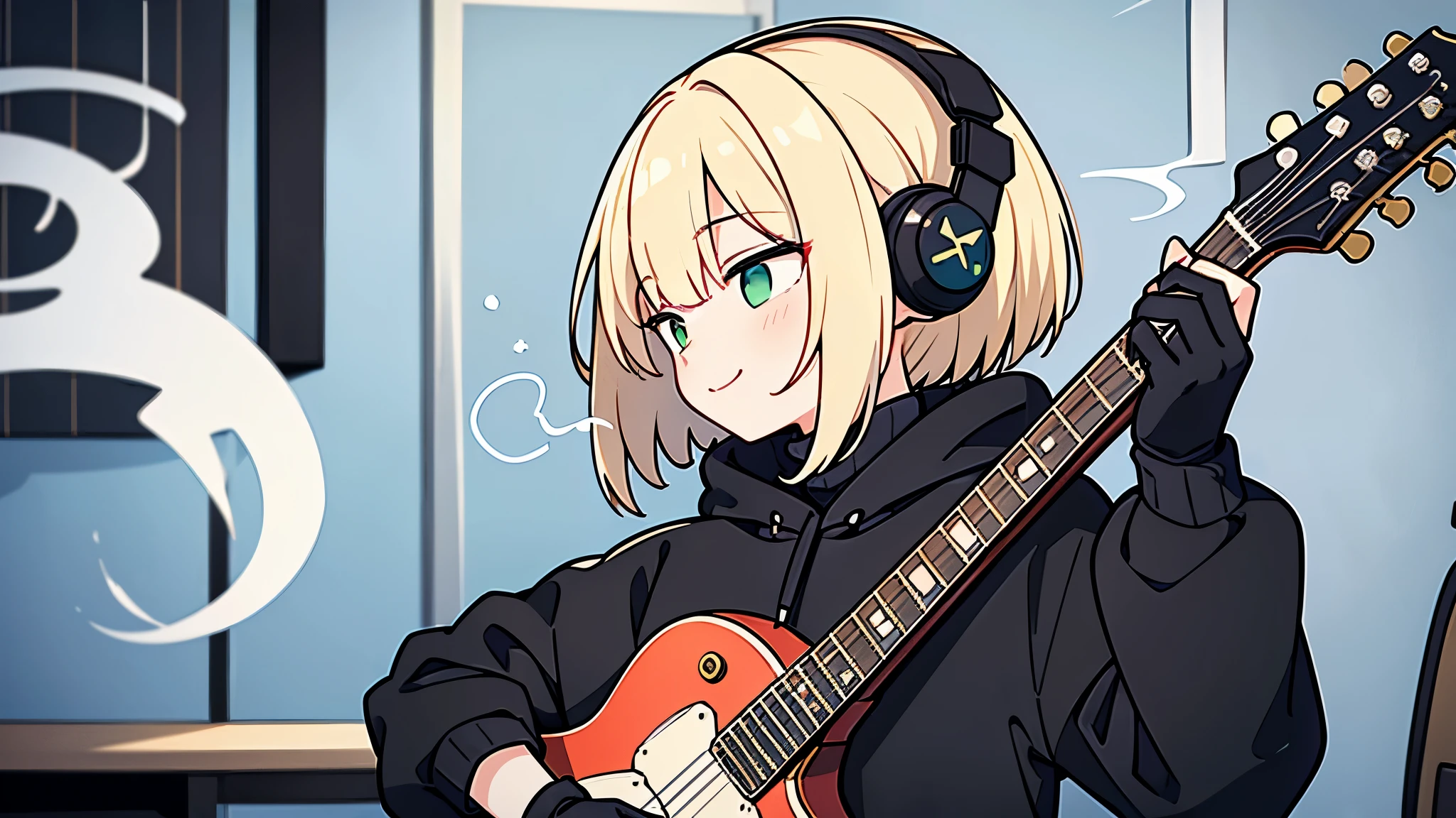 ((highest quality)), ((masterpiece)), (be familiar with), (Playing guitar in the studio)short hair、perfect face,white half-up hair,green mesh blonde、Smoke a cigarette、cool black hoodie,headphones,black gloves,turtleneck,alone,İcon、profile、Right beside、Expressionless、smile、Light-colored clothing