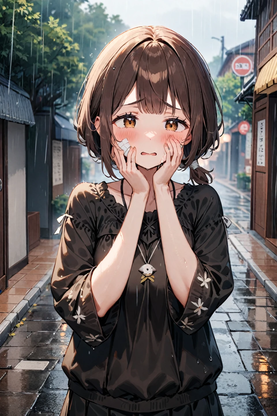 1 girl, miccon shikimori, from shikimori not just a cutie, center, slightly sad expression, wearing a black sweatshirt, with a small bandage on her cheek, long brown hair tied in a low ponytail, with a few loose strands framing her face, standing in a rainy street, with the rain blurring the background details, masterpiece, best quality, very aesthetic, absurdres --style 1 --preset 3, ((medium quality)), ((medium quality))