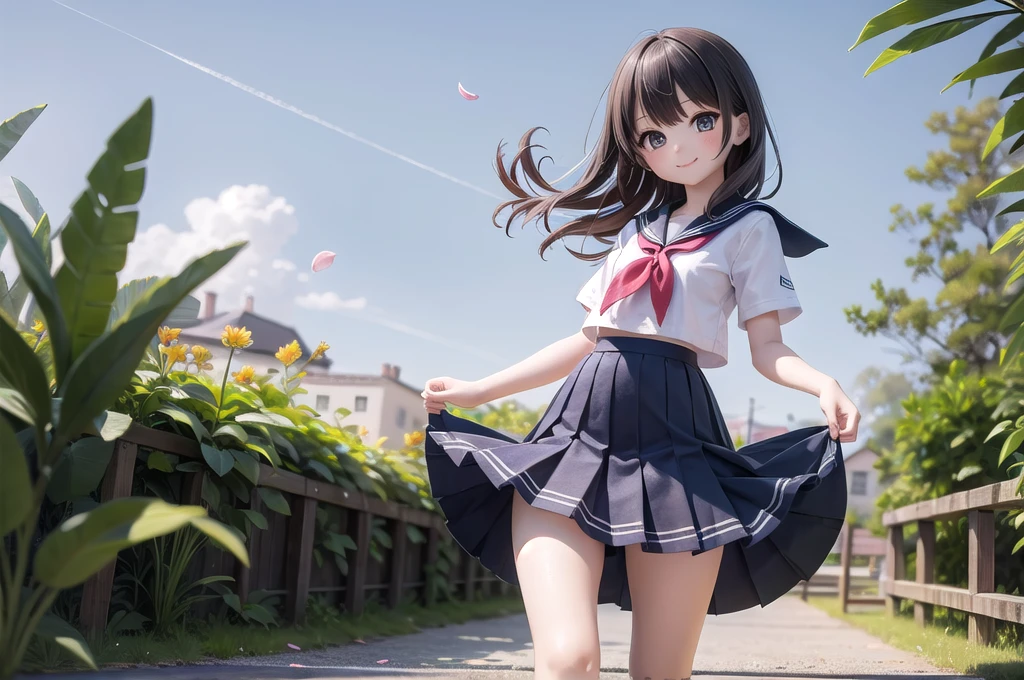 (masterpiece),  town,  blue sky,  One Girl,  smile,  alone,  Sailor suit、Long skirt,  Overgrown,  petal,  plant、Skirt lining、Translucent slip、Nostalgic、Strong winds、Skirt fluttering in the wind