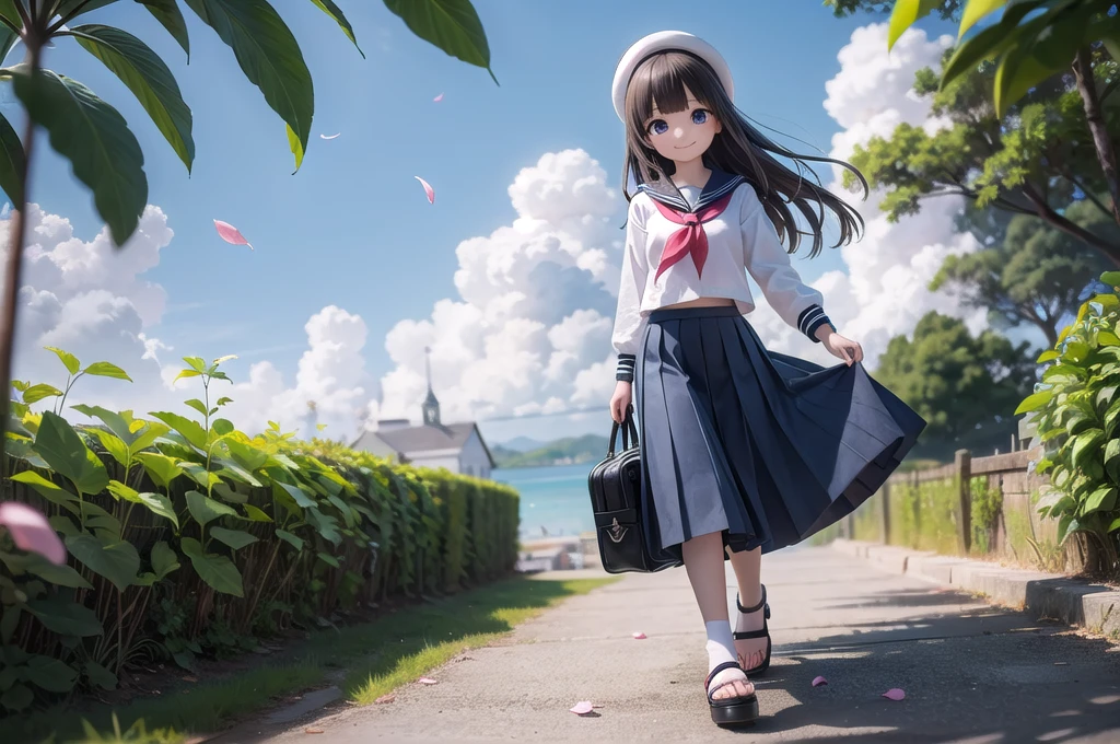 (masterpiece), town, blue sky, One Girl, smile, alone, Sailor suit、Long skirt, Overgrown, petal, plant、Skirt lining、Translucent slip、Nostalgic、Strong winds、Skirt fluttering in the wind
